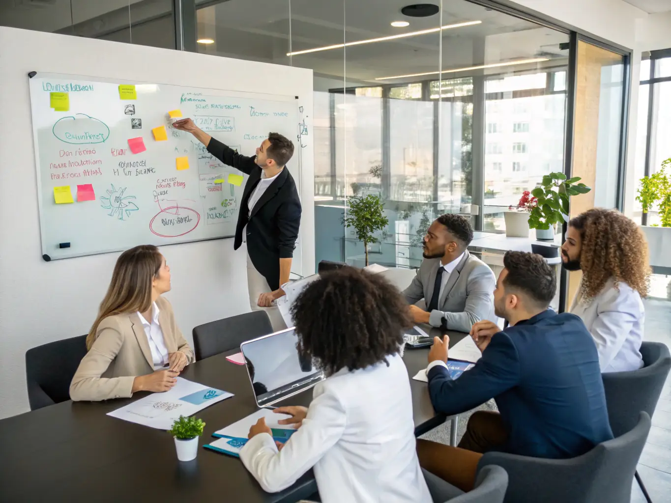A diverse team of consultants brainstorming innovative solutions for process optimization in a financial institution.