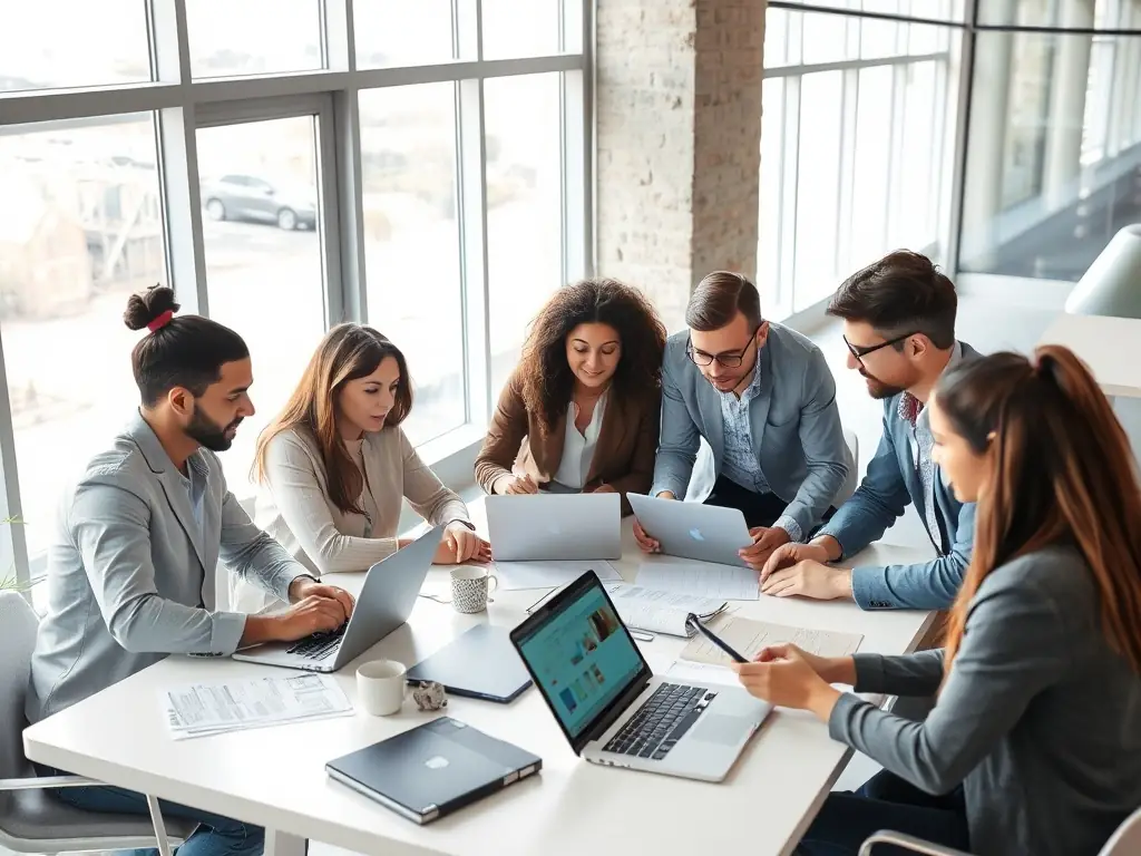 A professional team collaborating in a modern office, reviewing project timelines and discussing strategic approaches to project management.